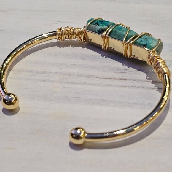 Chrysocolla Wire-Wrap Cuff ✦ 14Kt Gold Over Brass ✦ Triple Stone Adjustable - Picture 6 of 11